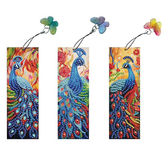 3Pcs Special Shape Peacock 5D DIY Diamond Painting Bookmark with Pendants
