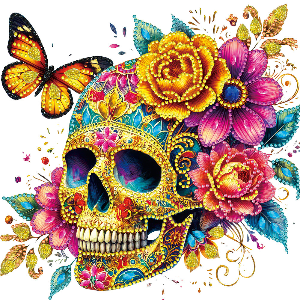 Diamond Painting - Partial Special Shaped - flower butterfly skull (30*30CM)