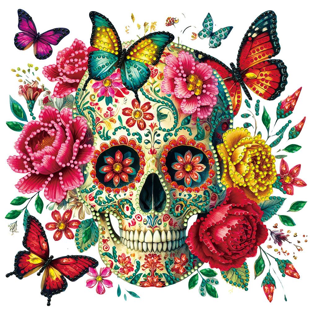 Diamond Painting - Partial Special Shaped - flower butterfly skull (30*30CM)