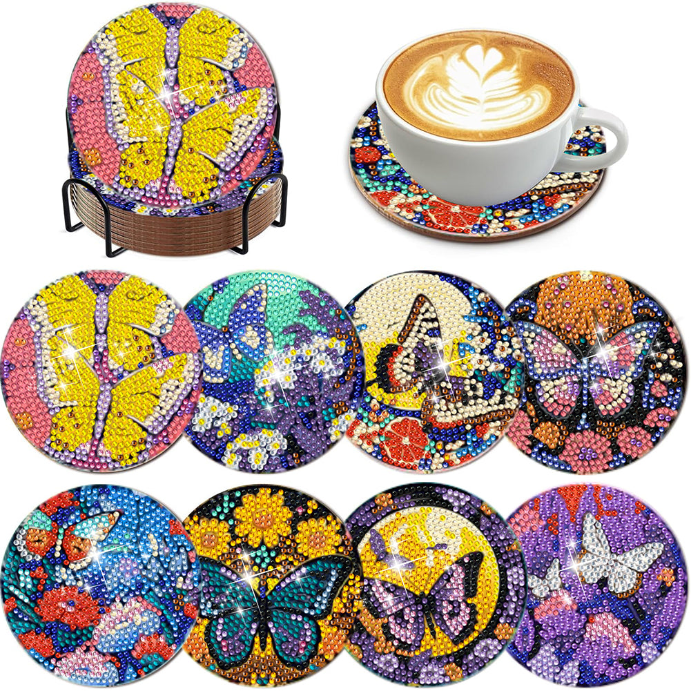 8Pcs Wooden Butterfly DIY Coaster Diamond Dot Kits Round Diamond Art Coasters