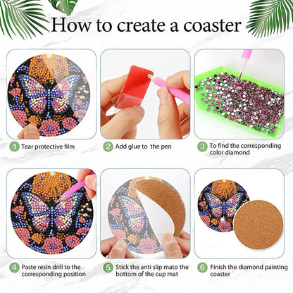 8Pcs Wooden Butterfly DIY Coaster Diamond Dot Kits Round Diamond Art Coasters