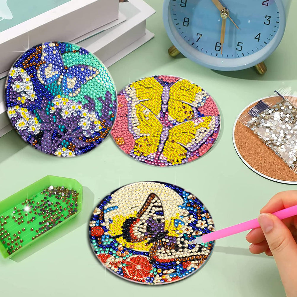 8Pcs Wooden Butterfly DIY Coaster Diamond Dot Kits Round Diamond Art Coasters