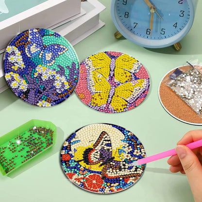8Pcs Wooden Butterfly DIY Coaster Diamond Dot Kits Round Diamond Art Coasters