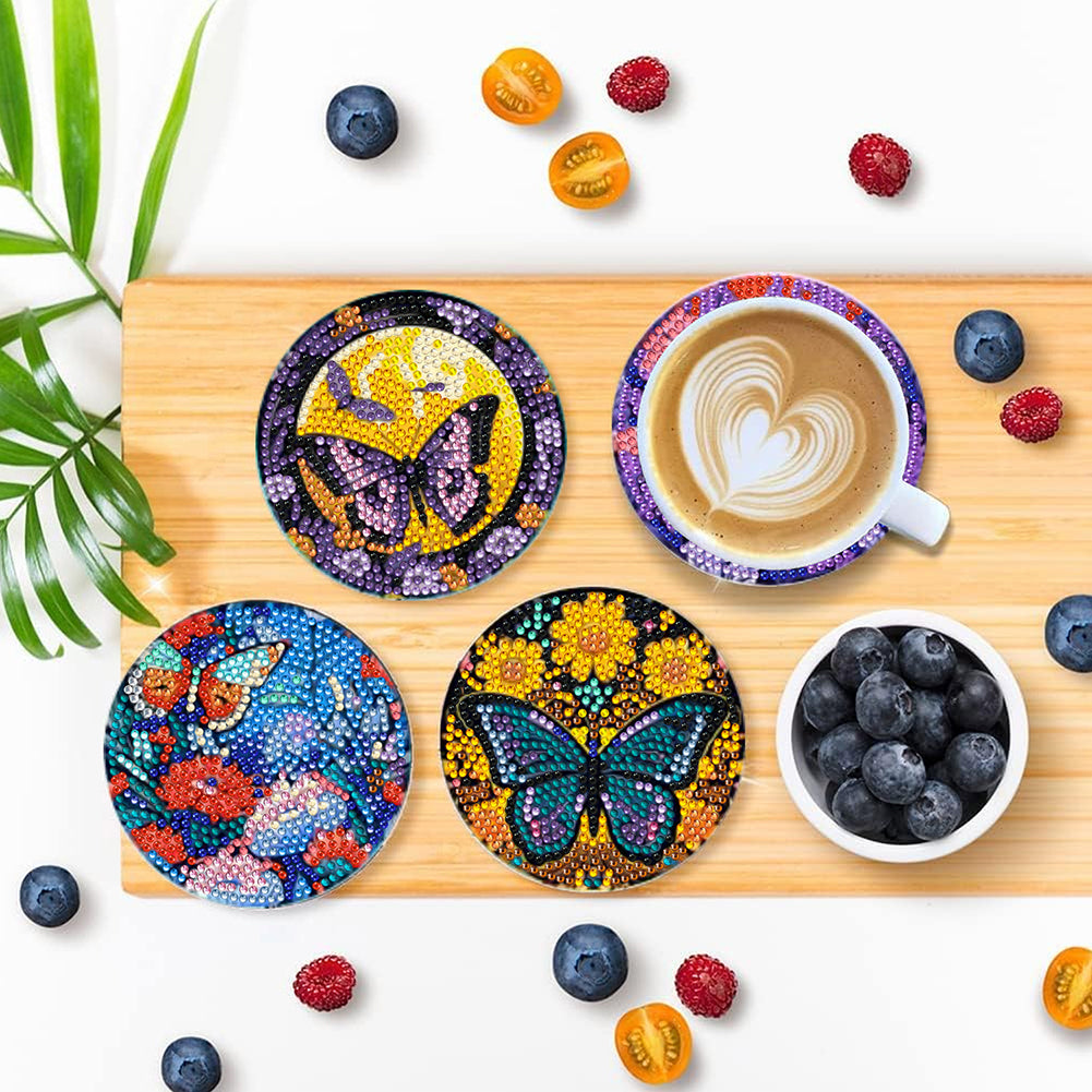 8Pcs Wooden Butterfly DIY Coaster Diamond Dot Kits Round Diamond Art Coasters
