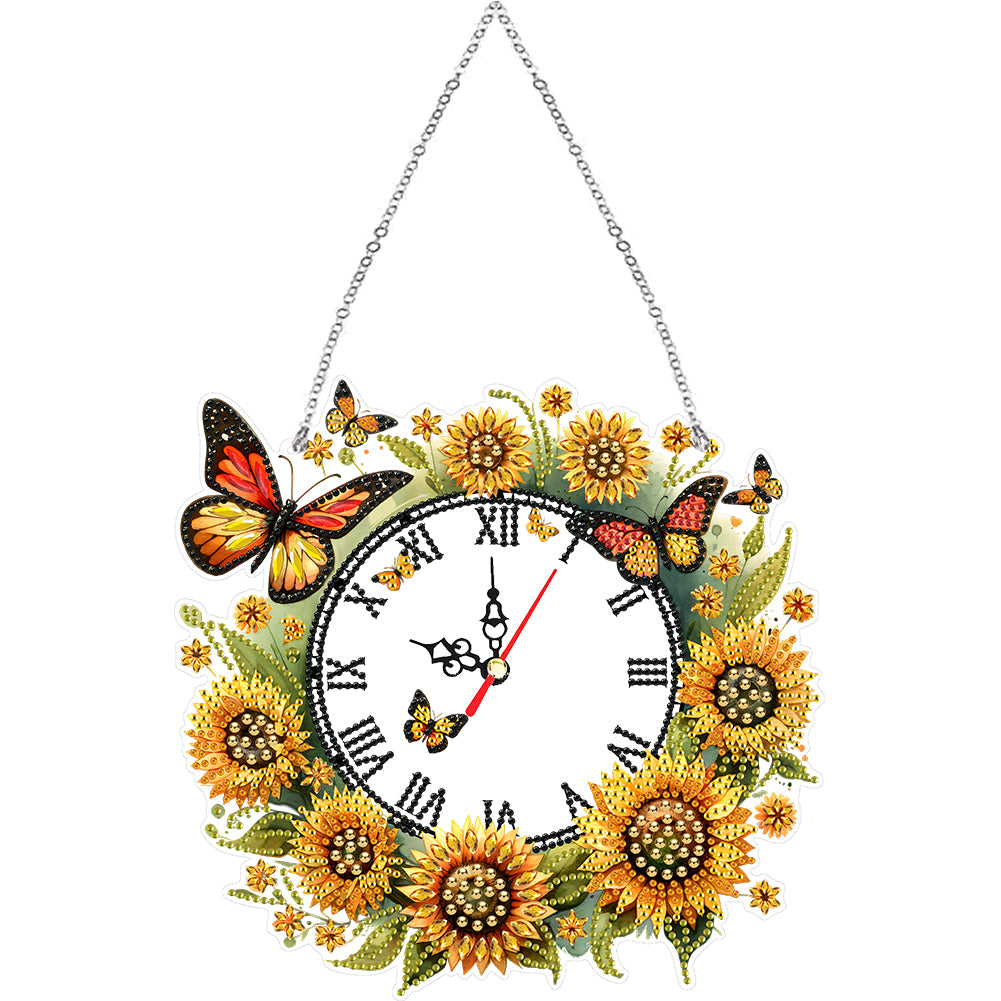 Acrylic Special Shape Sunflower Butterfly Diamond Painting Clock Handicraft