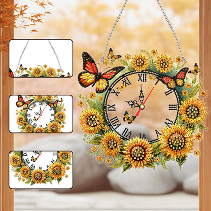 Acrylic Special Shape Sunflower Butterfly Diamond Painting Clock Handicraft