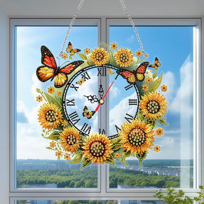 Acrylic Special Shape Sunflower Butterfly Diamond Painting Clock Handicraft