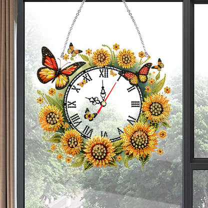 Acrylic Special Shape Sunflower Butterfly Diamond Painting Clock Handicraft