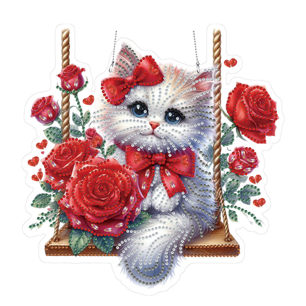 Acrylic Special Shape Red Roses Cat DIY Diamond Painting Hanging Pendants