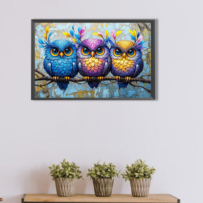 Diamond Painting - Full Round - Three owls in the leaves (60*40CM)