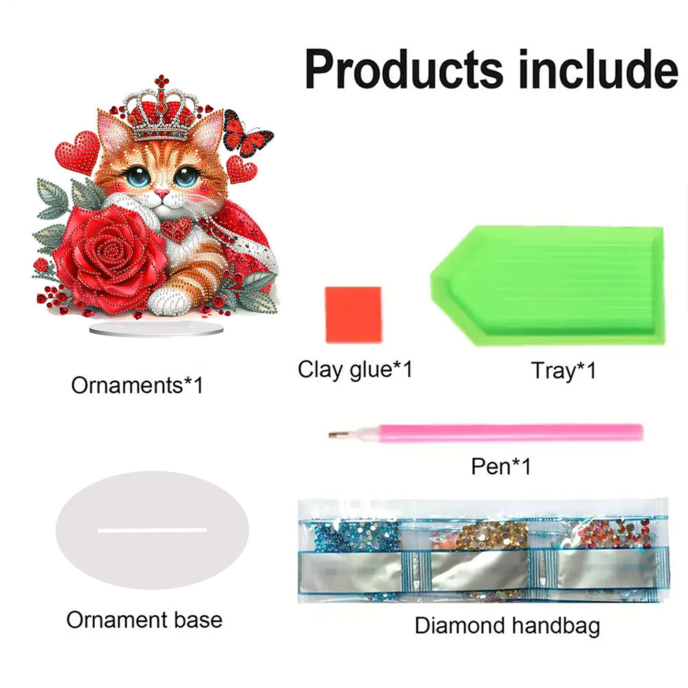 Acrylic Special Shape Red Rose Cat Diamond Painting Desktop Ornaments for Home
