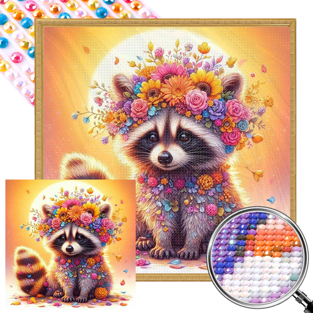 AB Diamond Painting - Full Round - Sunset flower raccoon (30*30CM)