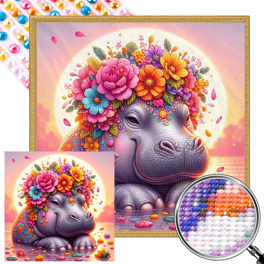 AB Diamond Painting - Full Round - Sunset flower hippopotamus (30*30CM)