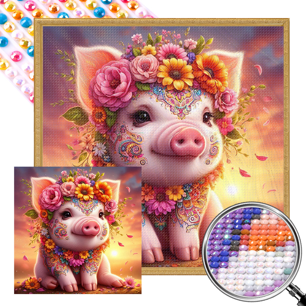 AB Diamond Painting - Full Round - Sunset flower pig (30*30CM)