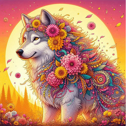 AB Diamond Painting - Full Round - Sunset flower wolf (30*30CM)