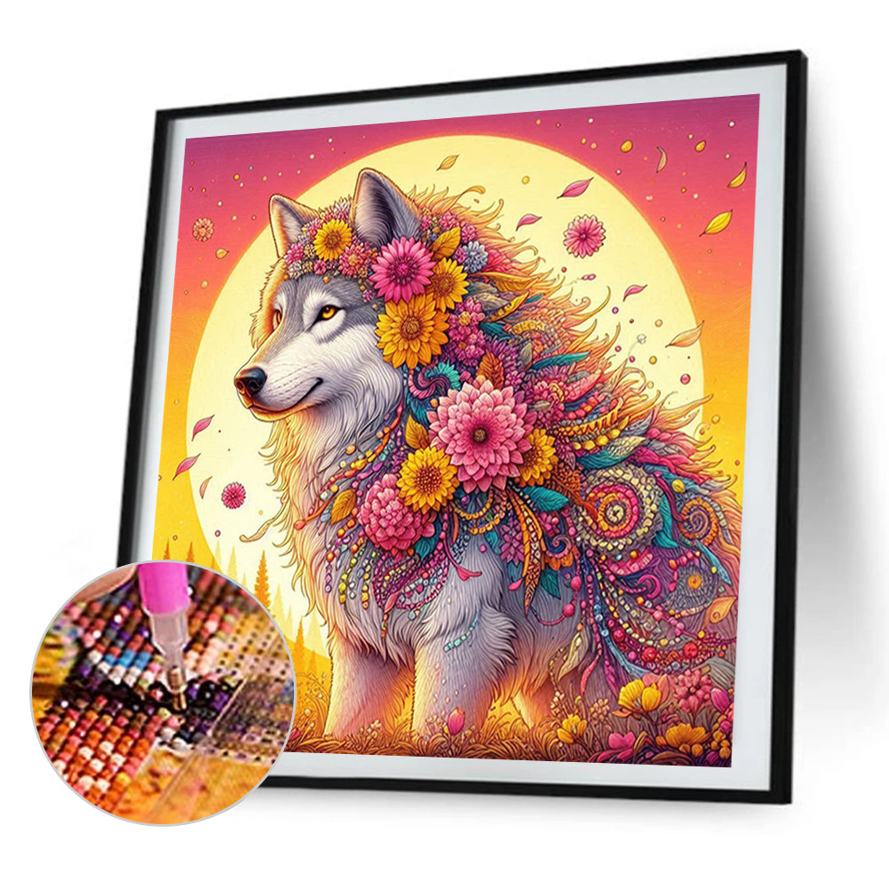 AB Diamond Painting - Full Round - Sunset flower wolf (30*30CM)