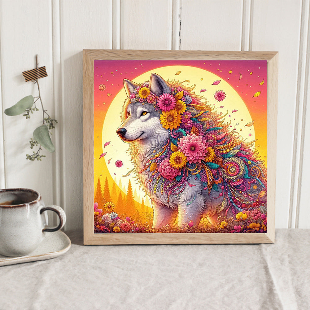 AB Diamond Painting - Full Round - Sunset flower wolf (30*30CM)
