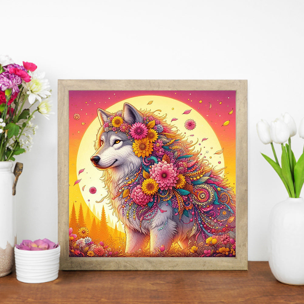 AB Diamond Painting - Full Round - Sunset flower wolf (30*30CM)