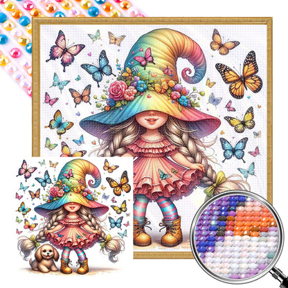 AB Diamond Painting - Full Round - Butterfly dog ??pigtail gnome girl (30*30CM)