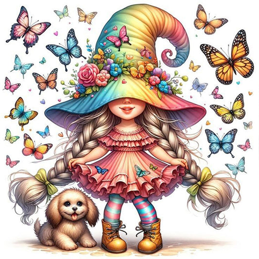 AB Diamond Painting - Full Round - Butterfly dog ??pigtail gnome girl (30*30CM)