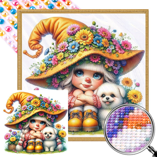 AB Diamond Painting - Full Round - Flower dog gnome girl (30*30CM)