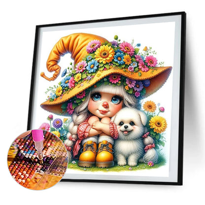 AB Diamond Painting - Full Round - Flower dog gnome girl (30*30CM)