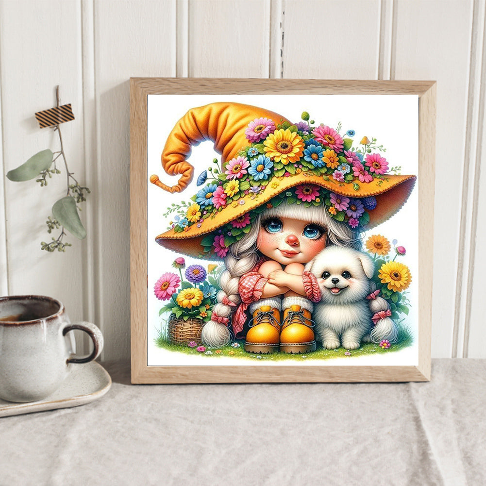 AB Diamond Painting - Full Round - Flower dog gnome girl (30*30CM)