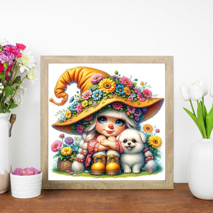 AB Diamond Painting - Full Round - Flower dog gnome girl (30*30CM)