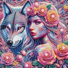 Load image into Gallery viewer, Diamond Painting - Partial Special Shaped - Wolf and rose girl (30*30CM)
