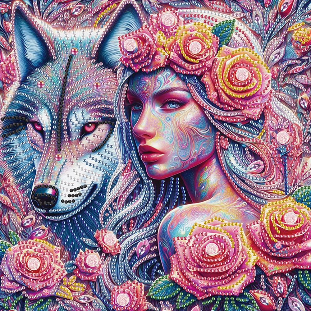 Diamond Painting - Partial Special Shaped - Wolf and rose girl (30*30CM)