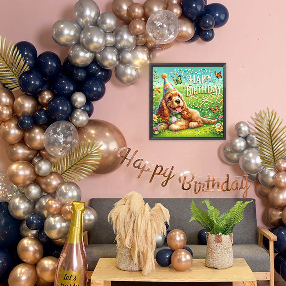 Diamond Painting - Full Round - Happy birthday grass golden retriever (40*40CM)