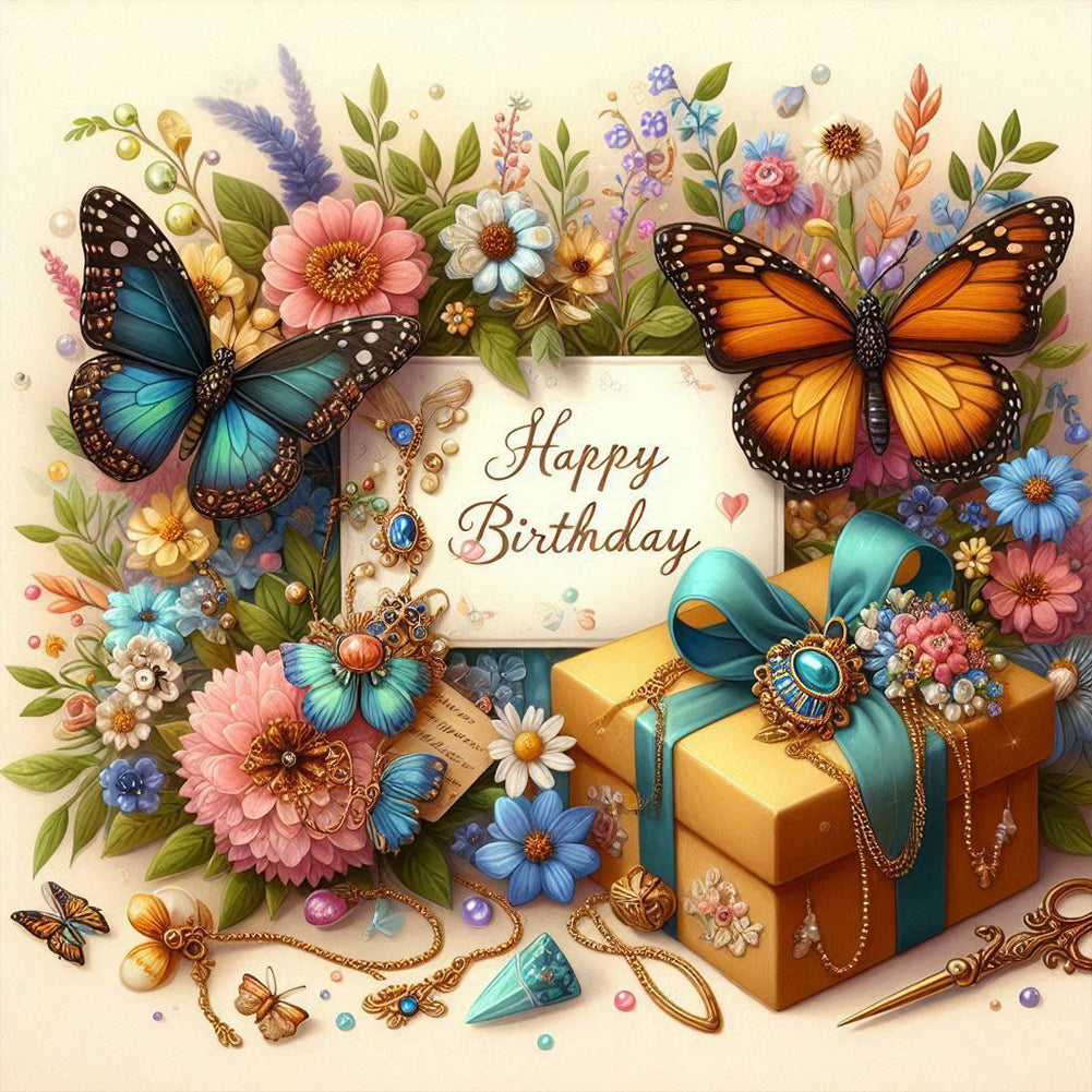Diamond Painting - Full Round - Happy birthday butterfly flowers (40*40CM)
