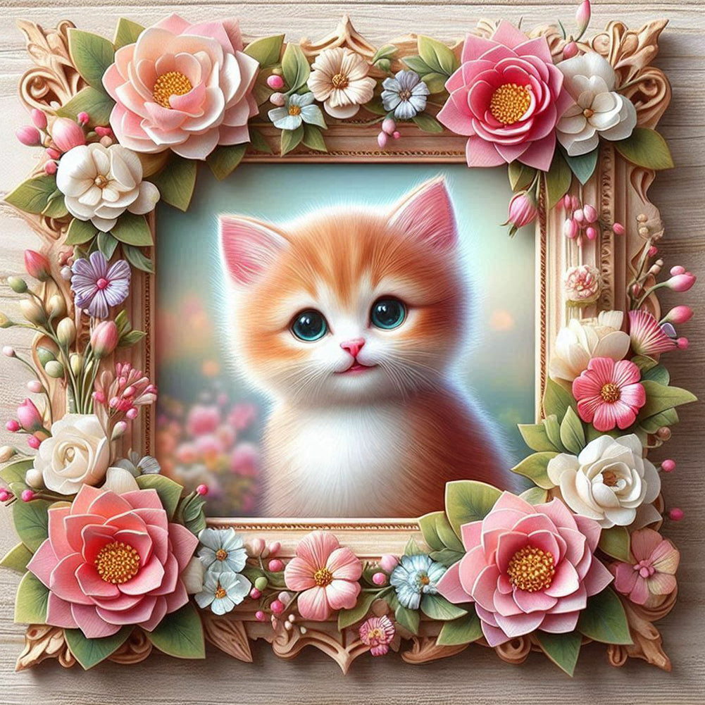 Diamond Painting - Full Round - Flower frame orange cat (40*40CM)