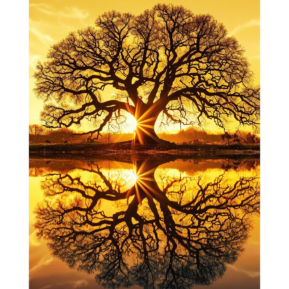 Diamond Painting - Full Round - Sunset tree reflection (40*50CM)