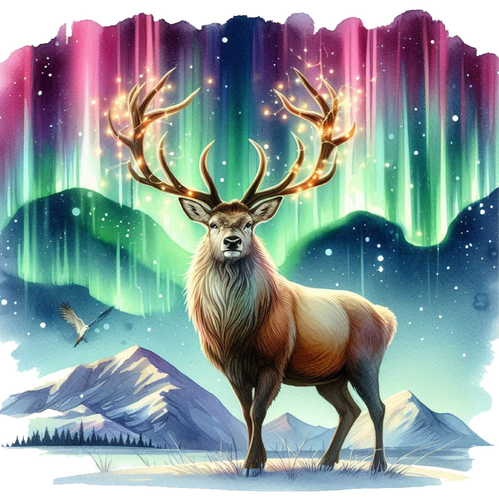Diamond Painting - Full Round - Moose under the aurora (30*30CM)