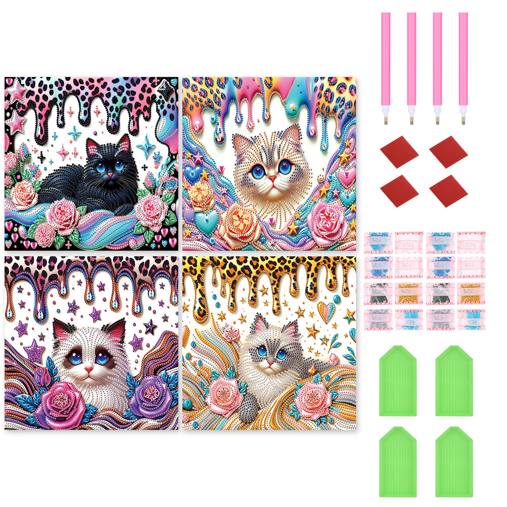 4pcs Partial Special Diamond Painting Set - Flower cat (30*30CM)
