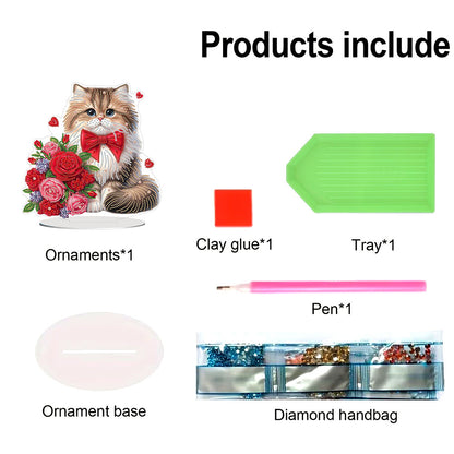 Acrylic Special Shaped Cat Rose DIY Desktop Diamond Painting Art Kits for Home