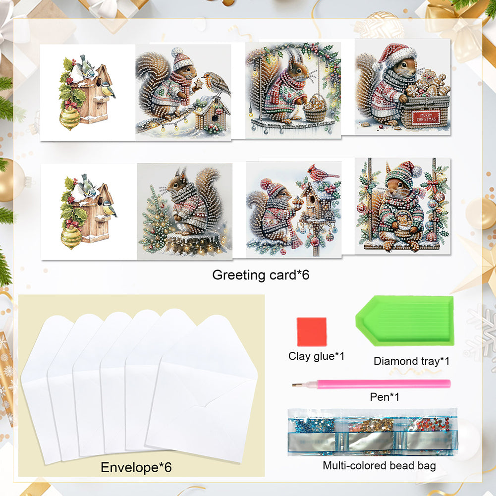 6Pcs Christmas Squirrel DIY Diamond Painting Card Diamond Painting Greeting Card
