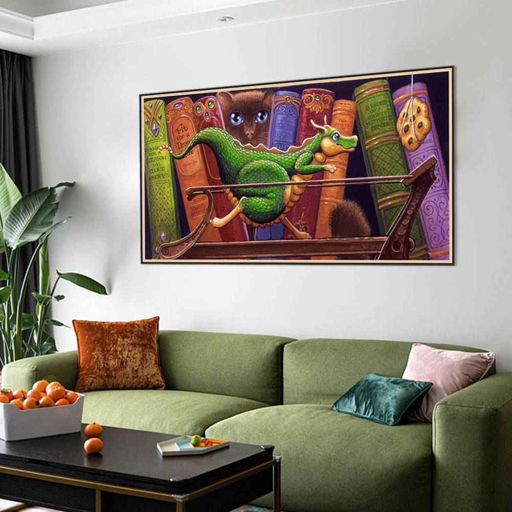 Diamond Painting - Full Round - Dinosaur sports in the book cat (70*40CM)