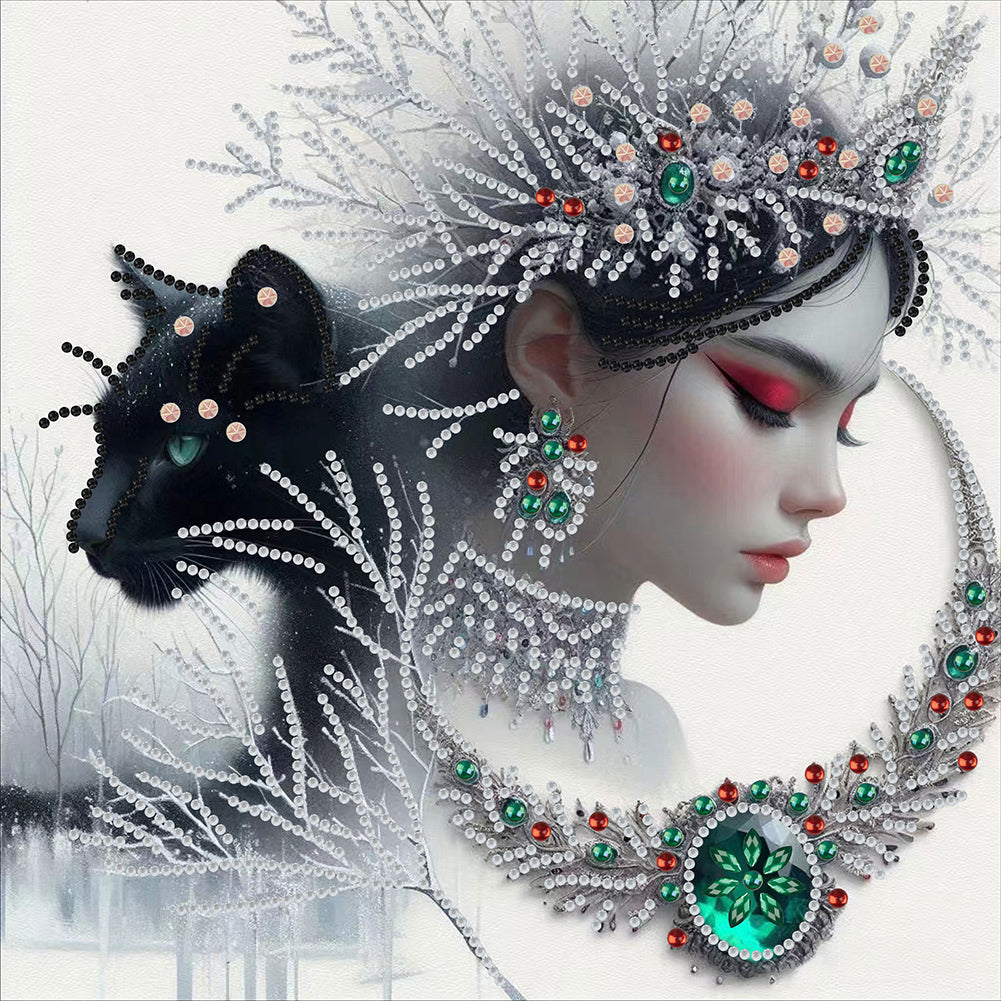 Diamond Painting - Partial Special Shaped - Snowflake black cat girl (30*30CM)