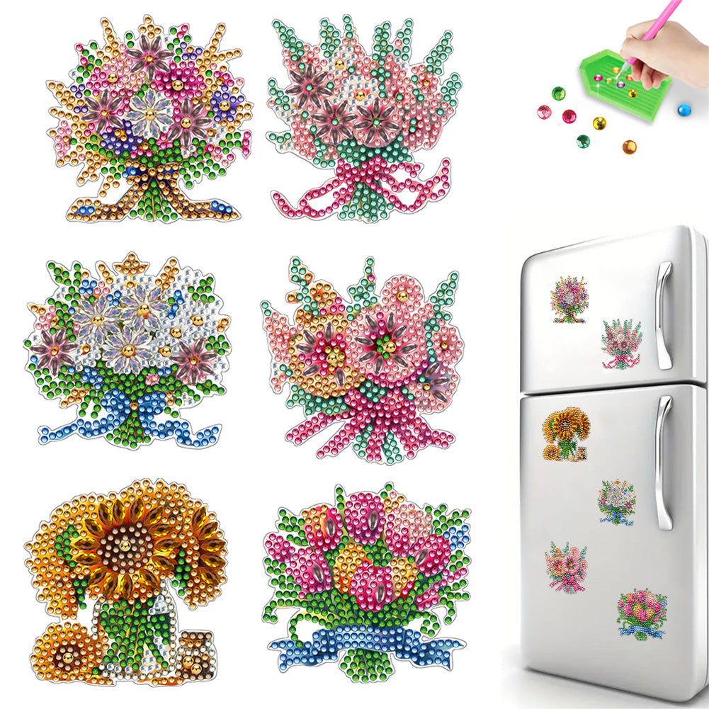 6Pcs Bouquet Diamond Art Fridge Magnet DIY Fridge Stickers for Car Mailbox Decor