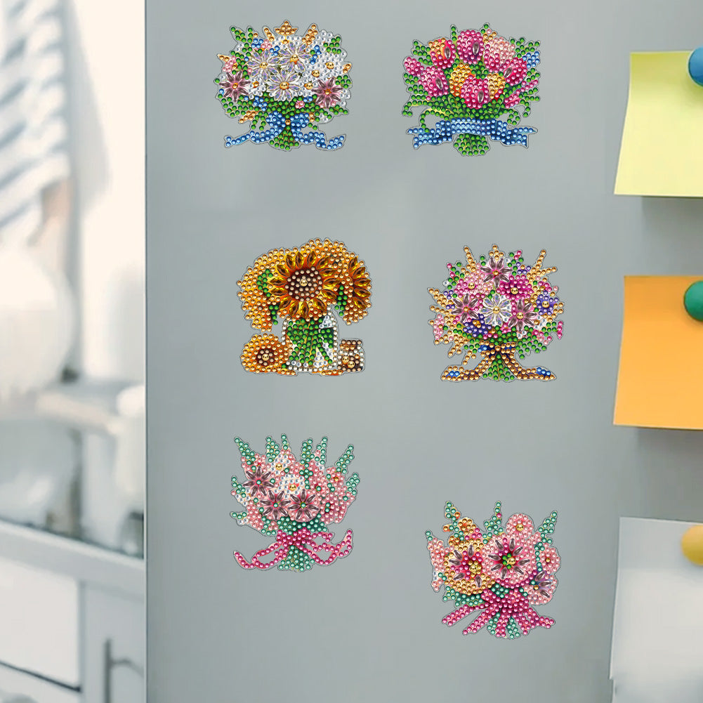 6Pcs Bouquet Diamond Art Fridge Magnet DIY Fridge Stickers for Car Mailbox Decor