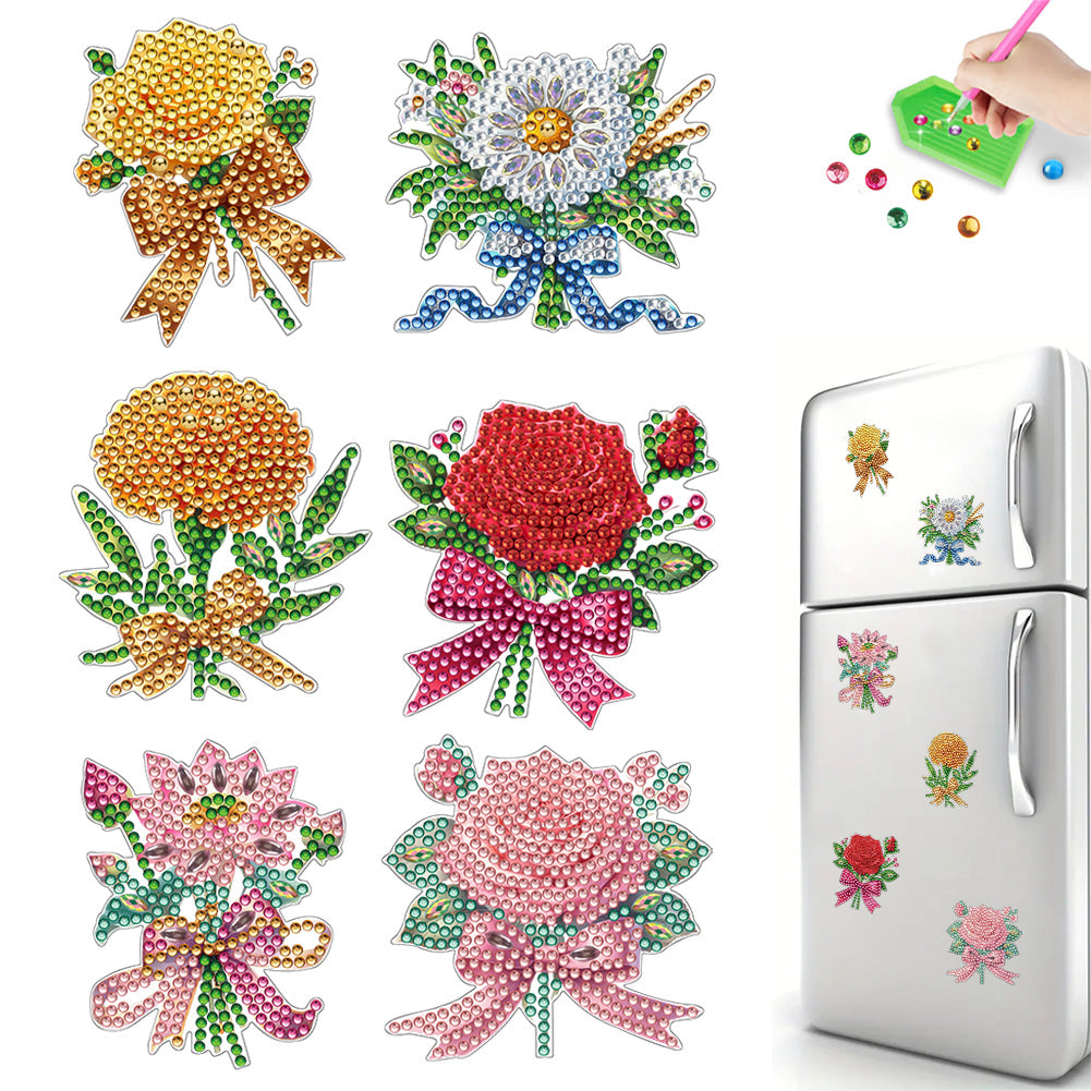 6Pcs Bouquet Diamond Art Fridge Magnet DIY Fridge Stickers for Car Mailbox Decor