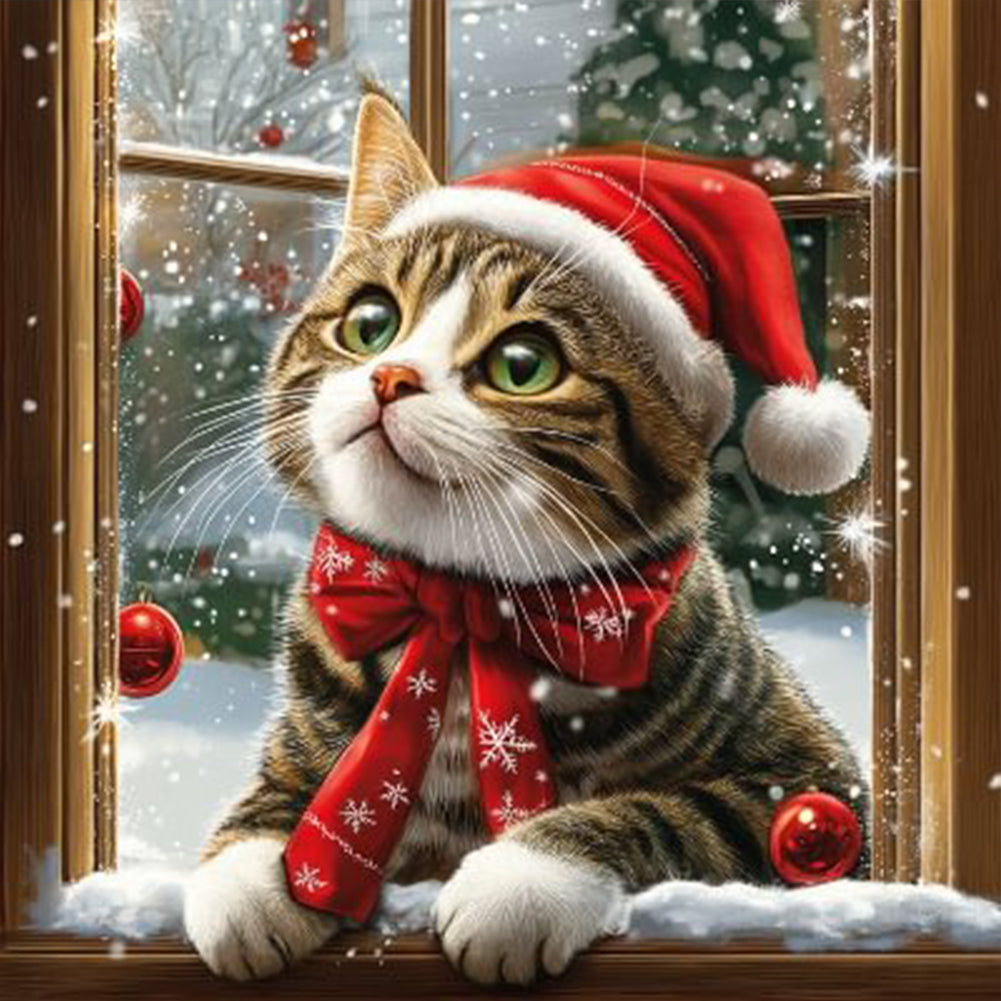 Diamond Painting - Full Round - Cat With Santa Hat (40*40CM)