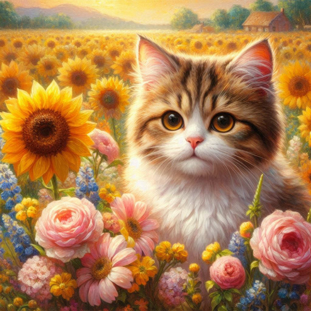 Diamond Painting - Full Round - Sunflower Field Cat (40*40CM)