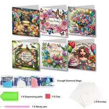 Load image into Gallery viewer, 6Pcs Flower Birthday Rhinestone Painting Card Kit Diamond Painting Greeting Card
