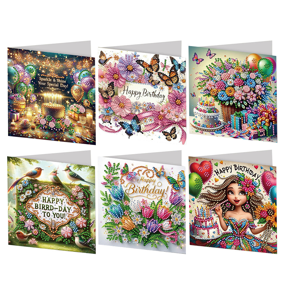 6Pcs Flower Birthday Rhinestone Painting Card Kit Diamond Painting Greeting Card