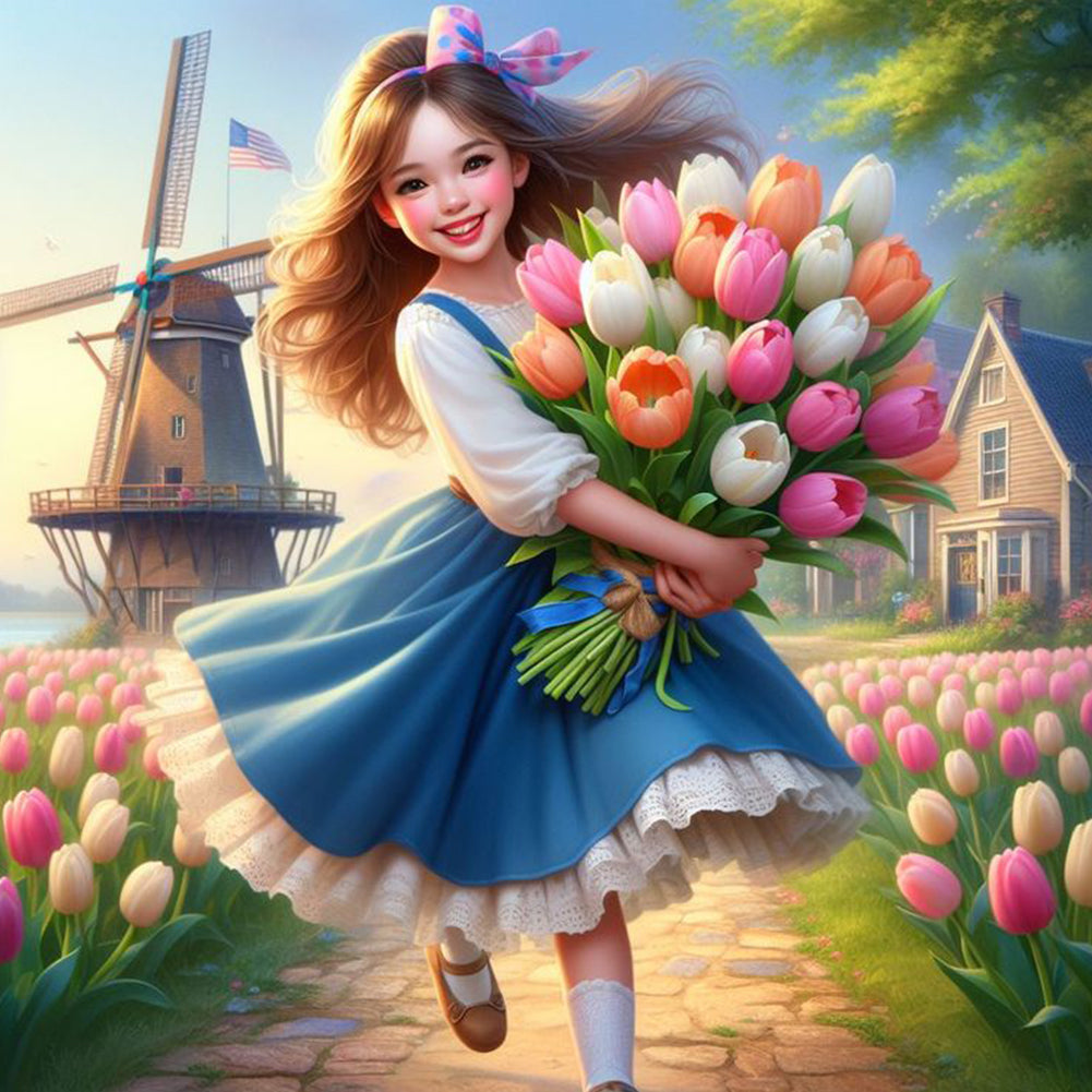 Diamond Painting - Full Round - Girl holding tulips (40*40CM)