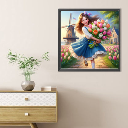 Diamond Painting - Full Round - Girl holding tulips (40*40CM)