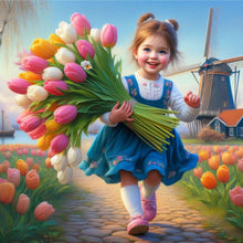 Load image into Gallery viewer, Diamond Painting - Full Round - Girl holding tulips (40*40CM)
